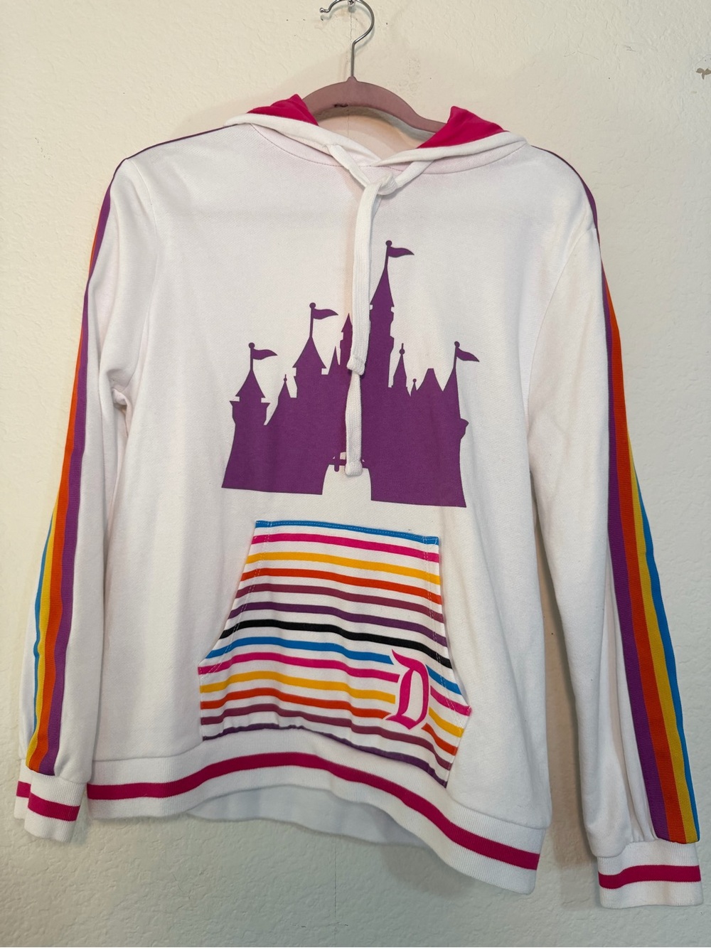 Disney White Hoodie with Purple Castle and Rainbow Stripe Accents